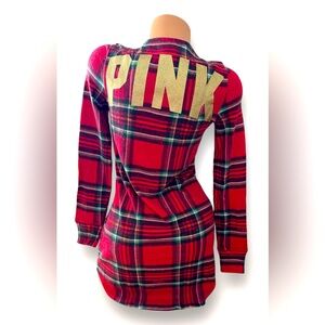 Victoria’s Secret PINK Pajama Dress Sleepwear Red Plaid Gold Glitter Logo